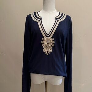 Lilly Pulitzer Navy Blue Top with Cream Embroidery